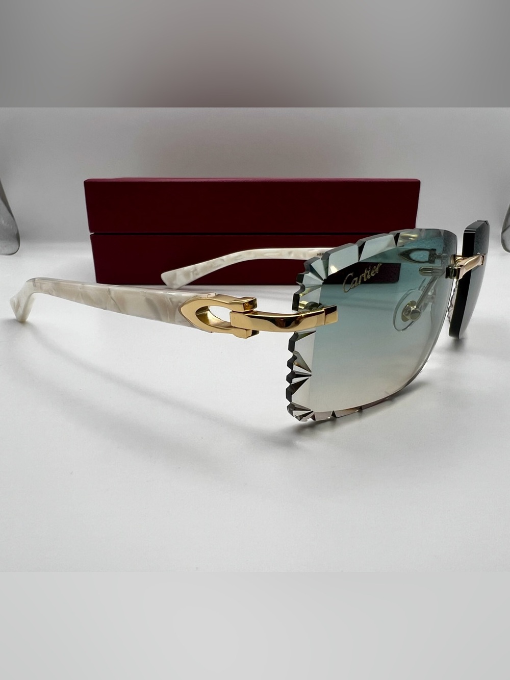 Cartier Gradient Green Shield Sunglasses with Pearl Arms